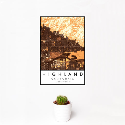 12x18 Highland California Map Print Portrait Orientation in Ember Style With Small Cactus Plant in White Planter