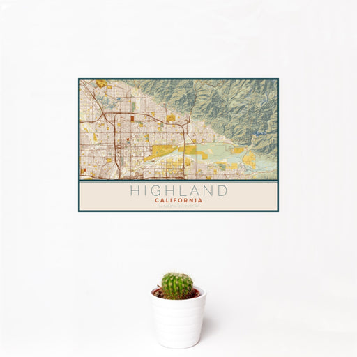 12x18 Highland California Map Print Landscape Orientation in Woodblock Style With Small Cactus Plant in White Planter