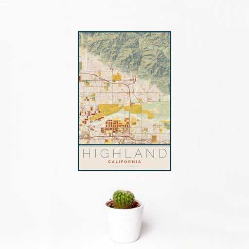 12x18 Highland California Map Print Portrait Orientation in Woodblock Style With Small Cactus Plant in White Planter
