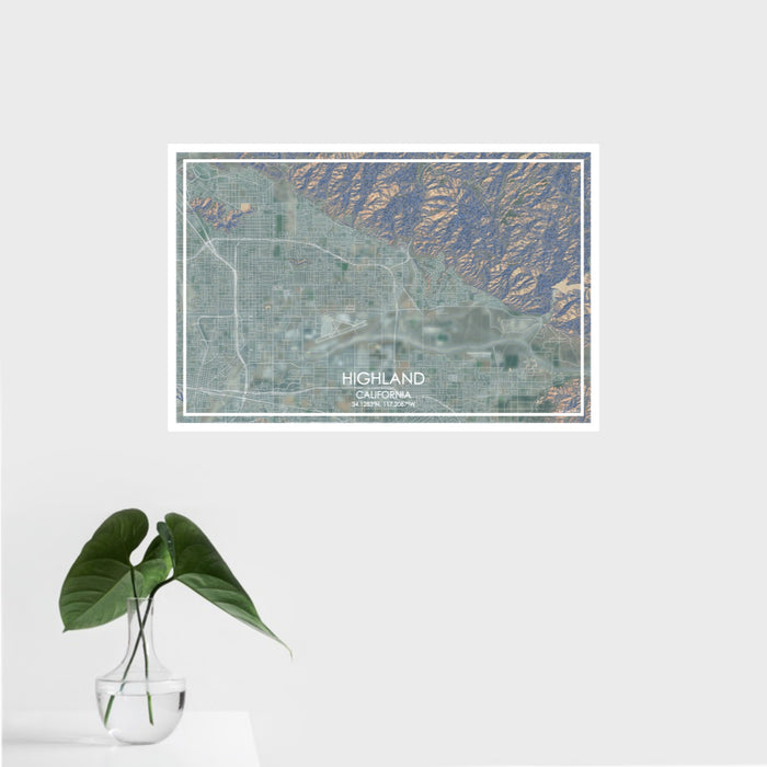16x24 Highland California Map Print Landscape Orientation in Afternoon Style With Tropical Plant Leaves in Water