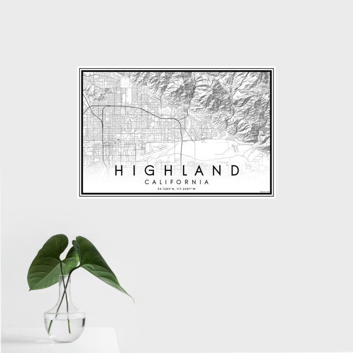 16x24 Highland California Map Print Landscape Orientation in Classic Style With Tropical Plant Leaves in Water