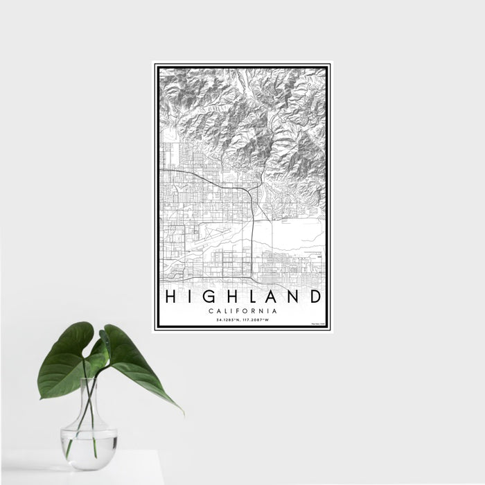 16x24 Highland California Map Print Portrait Orientation in Classic Style With Tropical Plant Leaves in Water