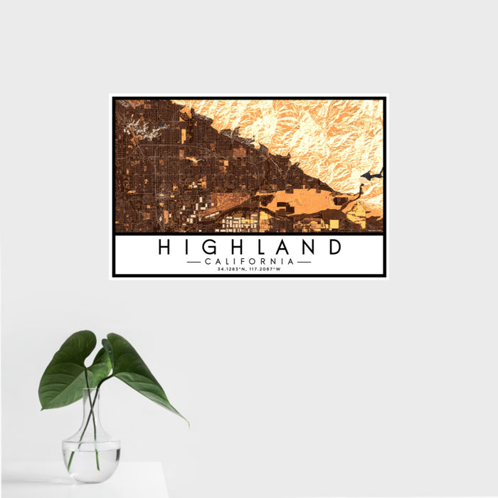 16x24 Highland California Map Print Landscape Orientation in Ember Style With Tropical Plant Leaves in Water