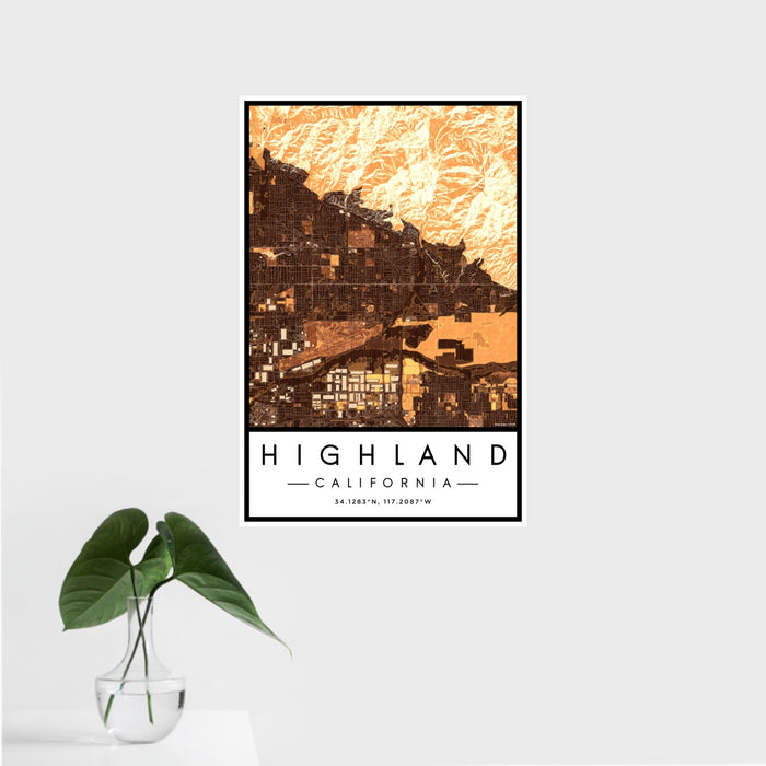 16x24 Highland California Map Print Portrait Orientation in Ember Style With Tropical Plant Leaves in Water