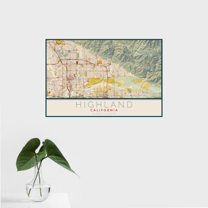 16x24 Highland California Map Print Landscape Orientation in Woodblock Style With Tropical Plant Leaves in Water