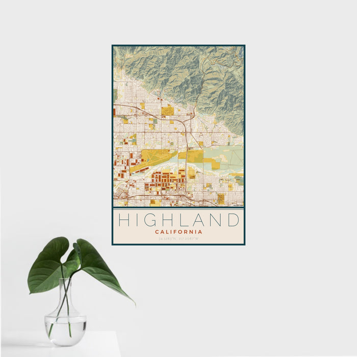 16x24 Highland California Map Print Portrait Orientation in Woodblock Style With Tropical Plant Leaves in Water