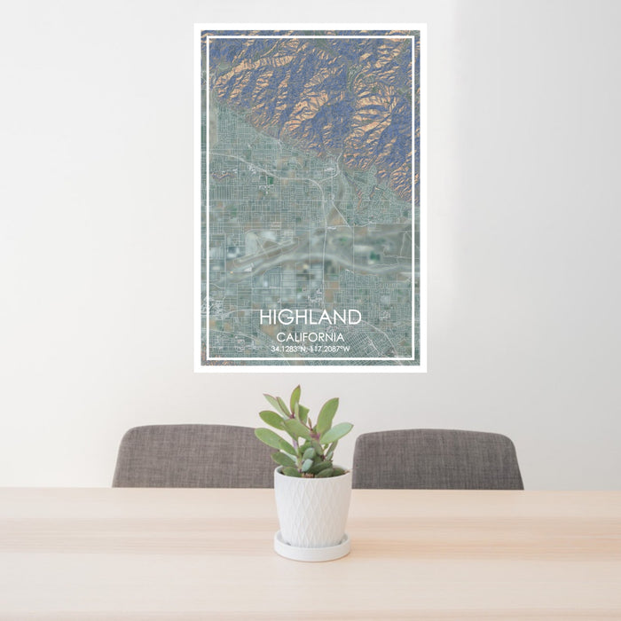 24x36 Highland California Map Print Portrait Orientation in Afternoon Style Behind 2 Chairs Table and Potted Plant