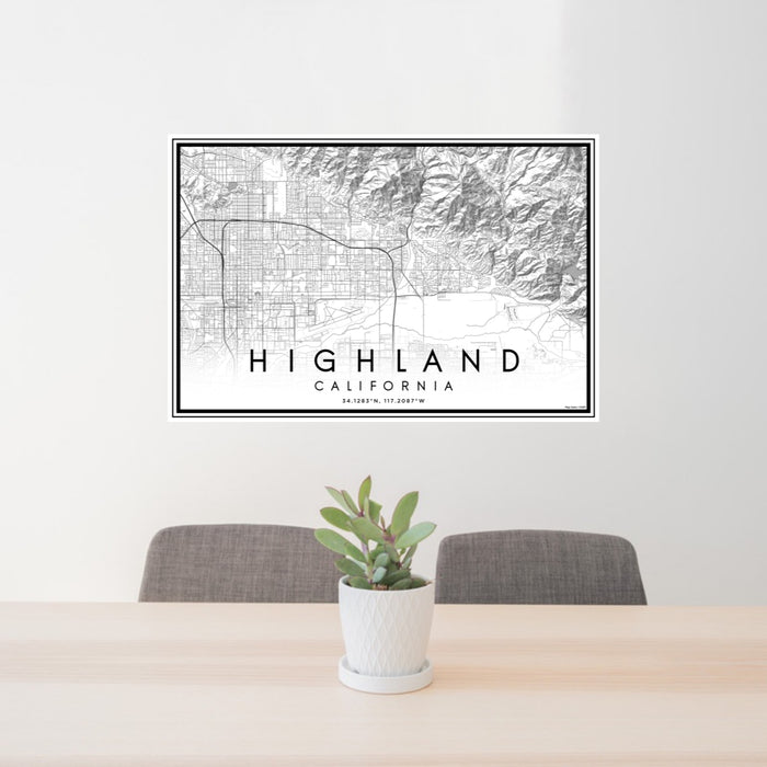 24x36 Highland California Map Print Lanscape Orientation in Classic Style Behind 2 Chairs Table and Potted Plant