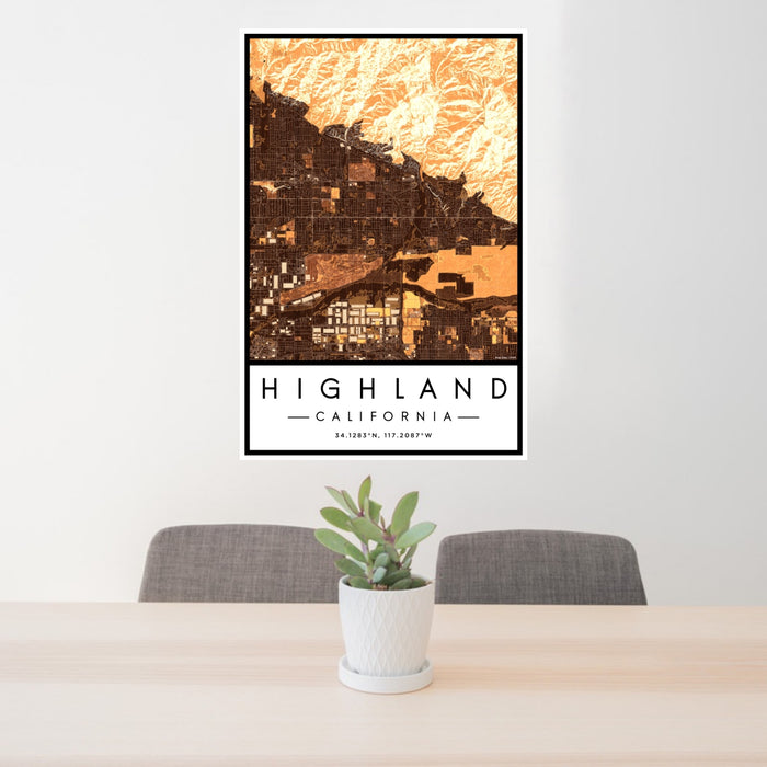 24x36 Highland California Map Print Portrait Orientation in Ember Style Behind 2 Chairs Table and Potted Plant