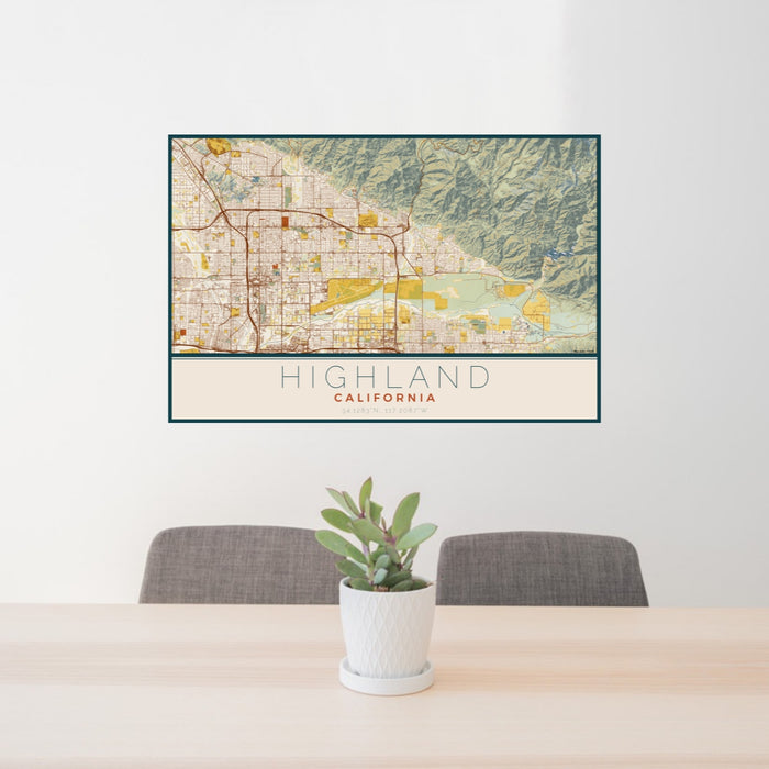 24x36 Highland California Map Print Lanscape Orientation in Woodblock Style Behind 2 Chairs Table and Potted Plant