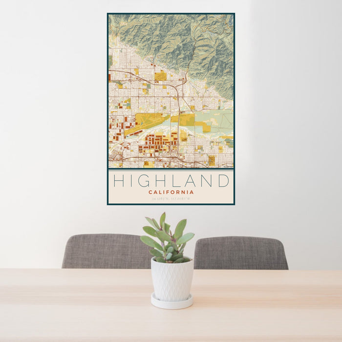 24x36 Highland California Map Print Portrait Orientation in Woodblock Style Behind 2 Chairs Table and Potted Plant