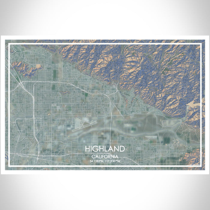 Highland California Map Print Landscape Orientation in Afternoon Style With Shaded Background