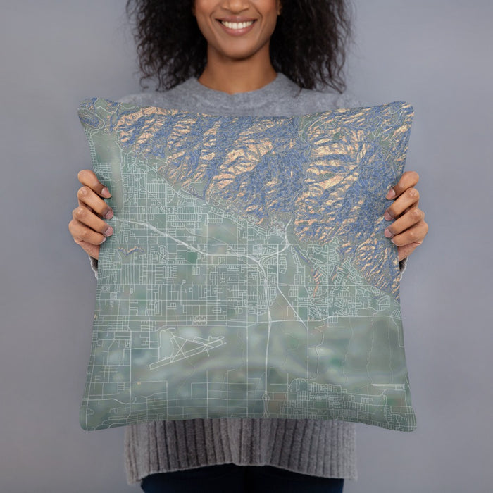 Person holding 18x18 Custom Highland California Map Throw Pillow in Afternoon