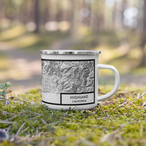 Right View Custom Highland California Map Enamel Mug in Classic on Grass With Trees in Background