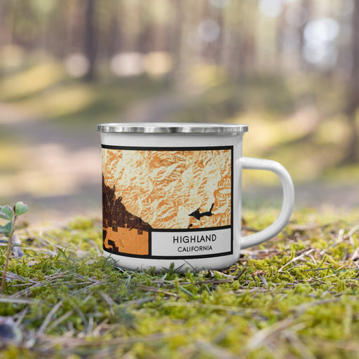 Right View Custom Highland California Map Enamel Mug in Ember on Grass With Trees in Background