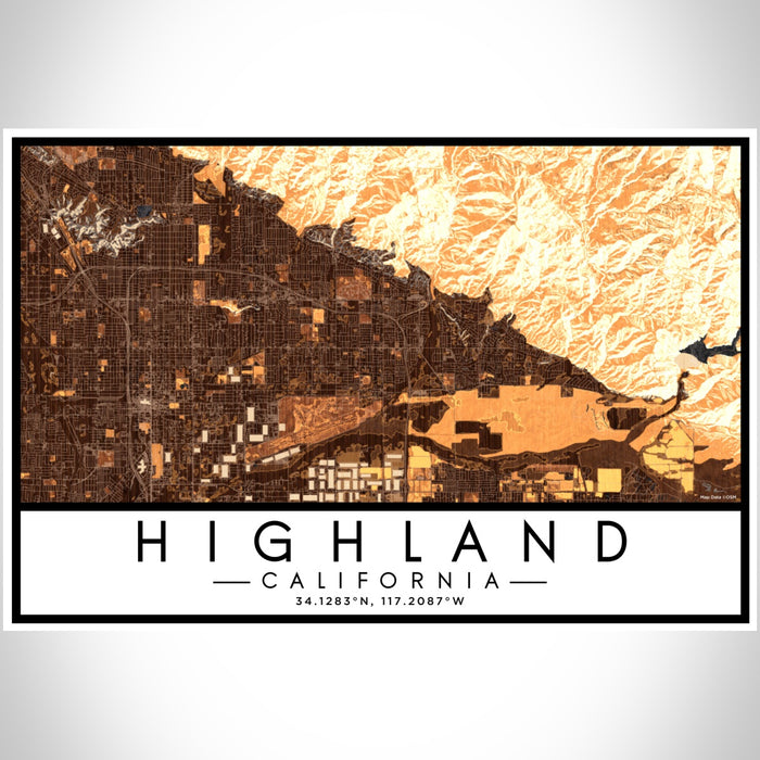 Highland California Map Print Landscape Orientation in Ember Style With Shaded Background