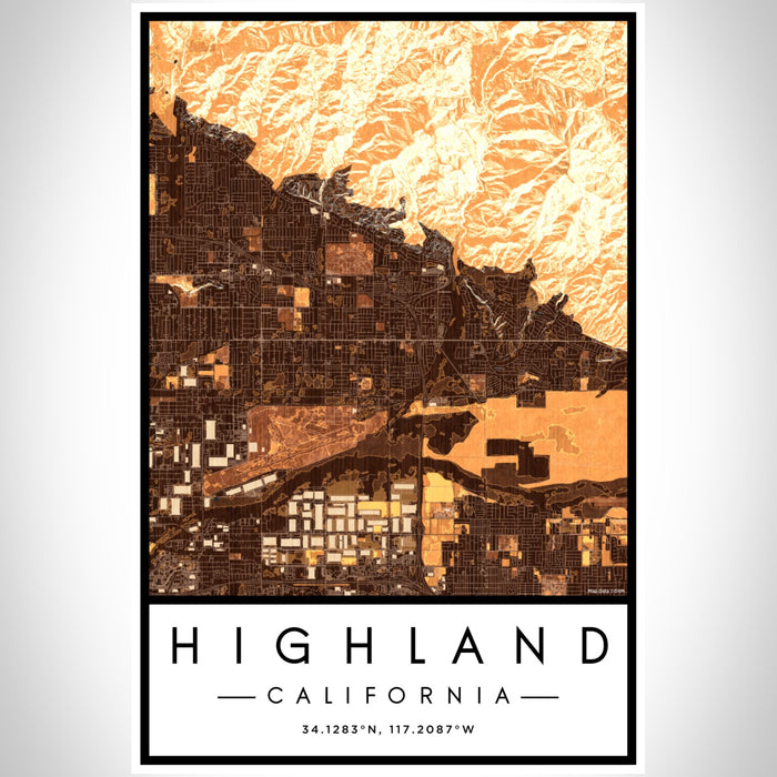 Highland California Map Print Portrait Orientation in Ember Style With Shaded Background