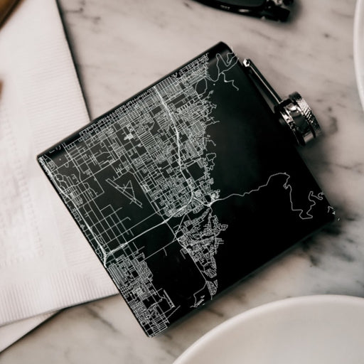 Highland California Custom Engraved City Map Inscription Coordinates on 6oz Stainless Steel Flask in Black