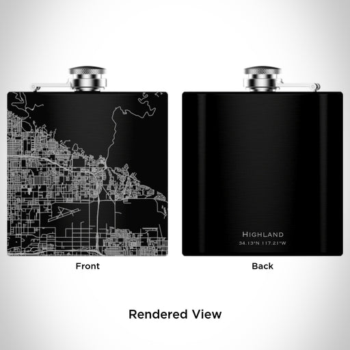 Rendered View of Highland California Map Engraving on 6oz Stainless Steel Flask in Black