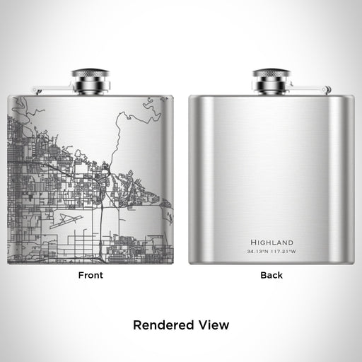 Rendered View of Highland California Map Engraving on 6oz Stainless Steel Flask