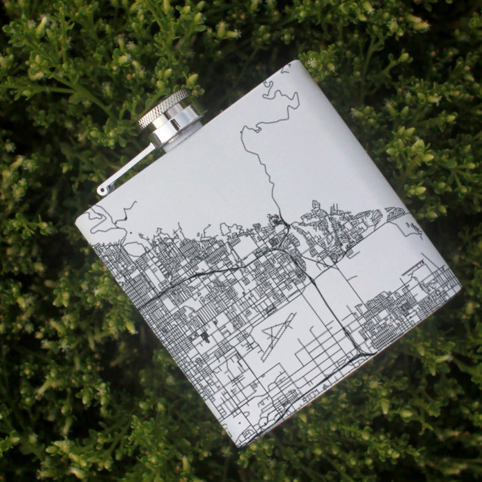 Highland California Custom Engraved City Map Inscription Coordinates on 6oz Stainless Steel Flask in White