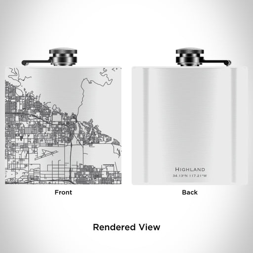 Rendered View of Highland California Map Engraving on 6oz Stainless Steel Flask in White