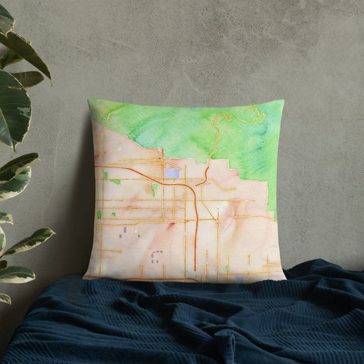 Custom Highland California Map Throw Pillow in Watercolor on Bedding Against Wall