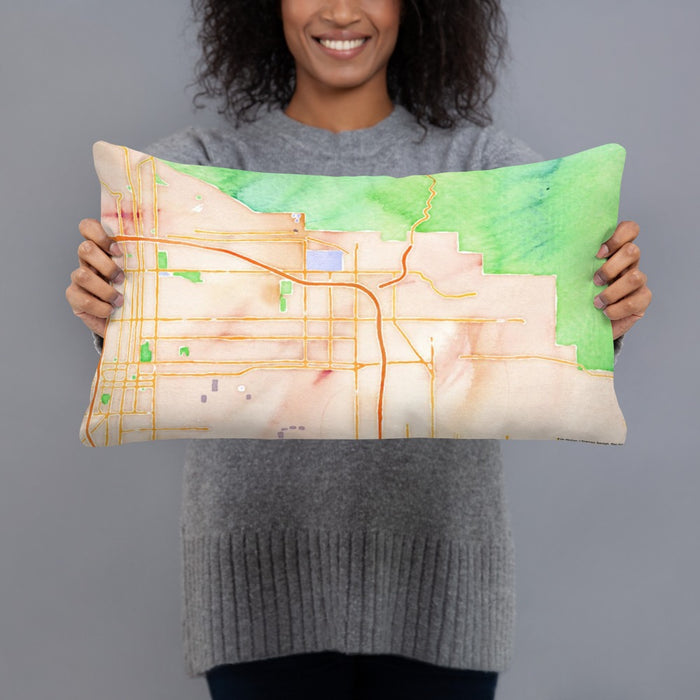 Person holding 20x12 Custom Highland California Map Throw Pillow in Watercolor
