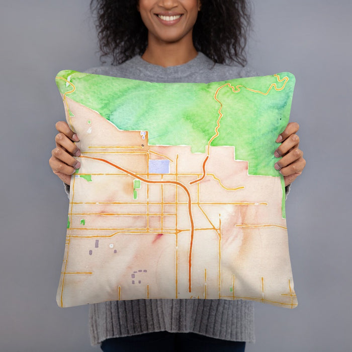 Person holding 18x18 Custom Highland California Map Throw Pillow in Watercolor