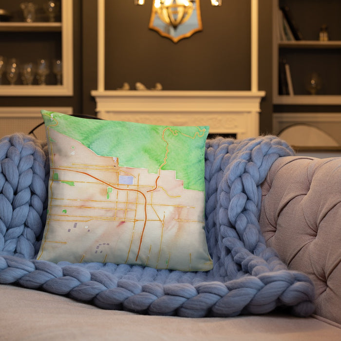 Custom Highland California Map Throw Pillow in Watercolor on Cream Colored Couch