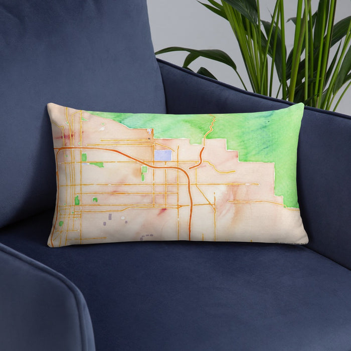 Custom Highland California Map Throw Pillow in Watercolor on Blue Colored Chair
