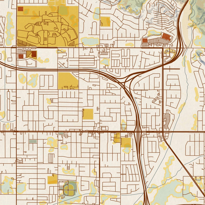 Highland California Map Print in Woodblock Style Zoomed In Close Up Showing Details
