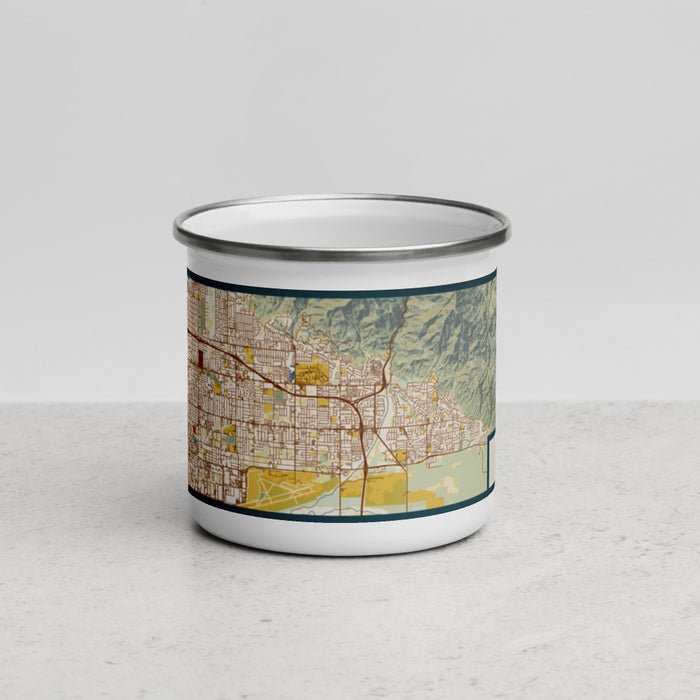 Front View Custom Highland California Map Enamel Mug in Woodblock