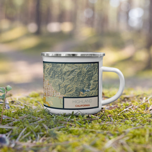 Right View Custom Highland California Map Enamel Mug in Woodblock on Grass With Trees in Background