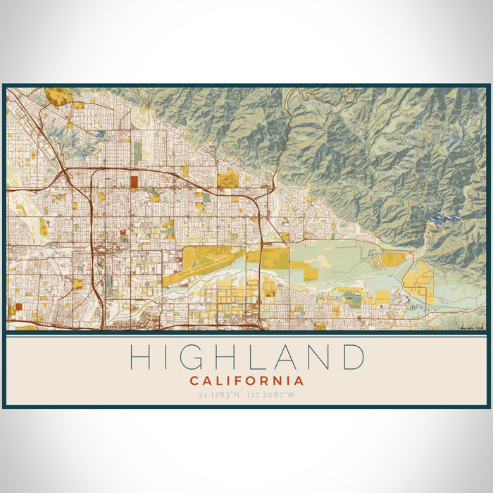 Highland California Map Print Landscape Orientation in Woodblock Style With Shaded Background
