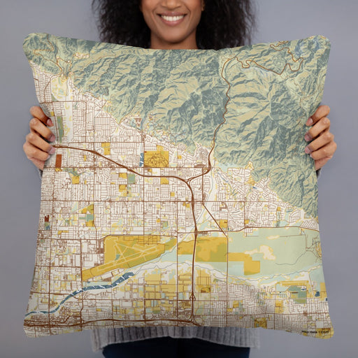 Person holding 22x22 Custom Highland California Map Throw Pillow in Woodblock