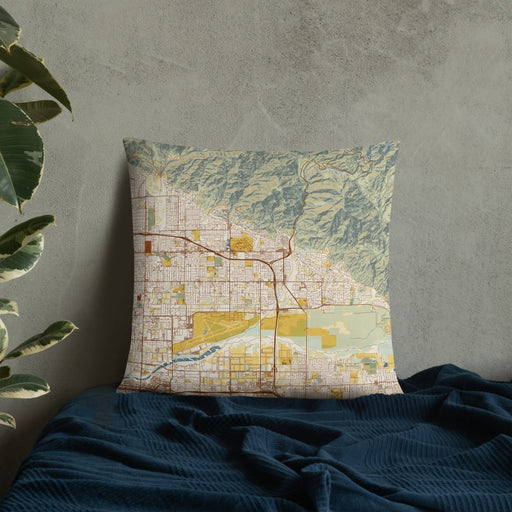 Custom Highland California Map Throw Pillow in Woodblock on Bedding Against Wall