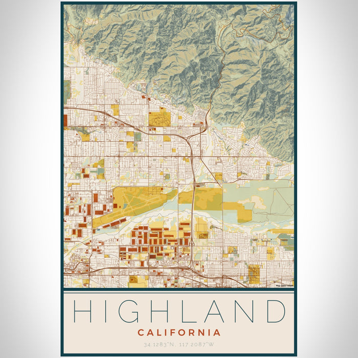 Highland California Map Print Portrait Orientation in Woodblock Style With Shaded Background