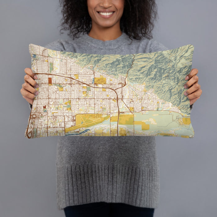 Person holding 20x12 Custom Highland California Map Throw Pillow in Woodblock