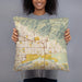 Person holding 18x18 Custom Highland California Map Throw Pillow in Woodblock