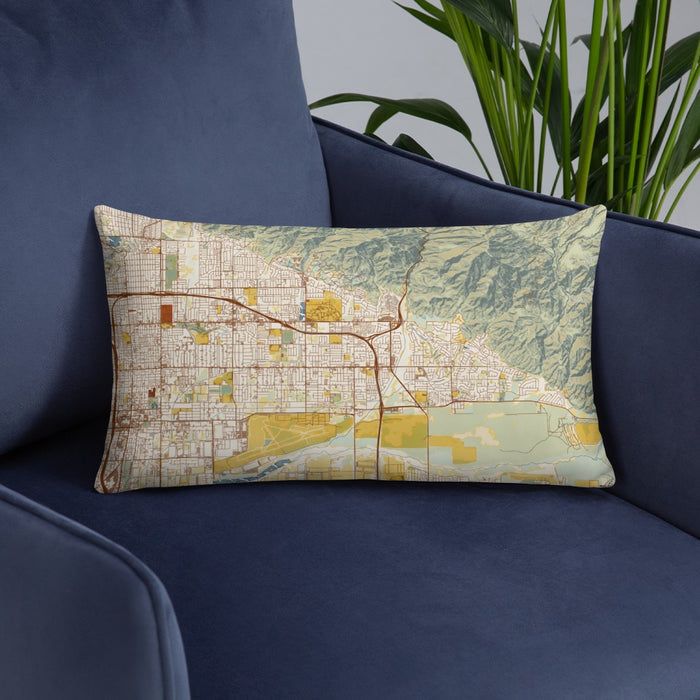 Custom Highland California Map Throw Pillow in Woodblock on Blue Colored Chair