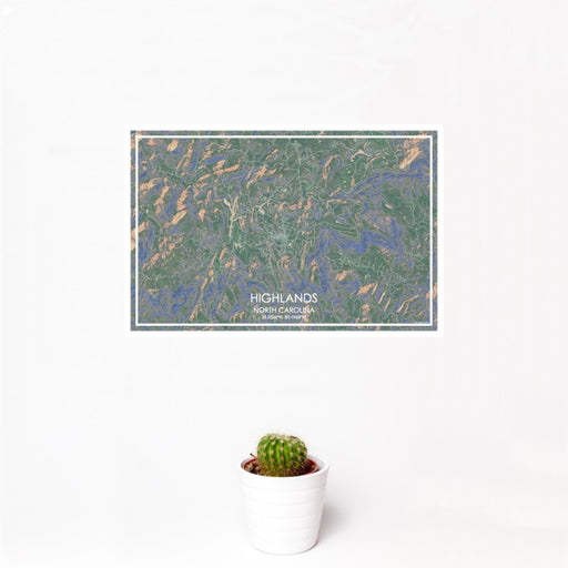 12x18 Highlands North Carolina Map Print Landscape Orientation in Afternoon Style With Small Cactus Plant in White Planter