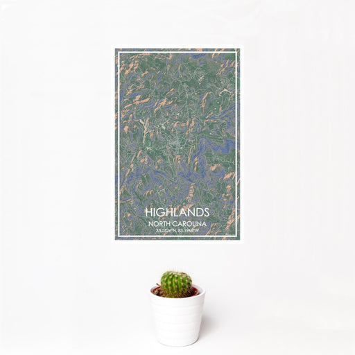 12x18 Highlands North Carolina Map Print Portrait Orientation in Afternoon Style With Small Cactus Plant in White Planter