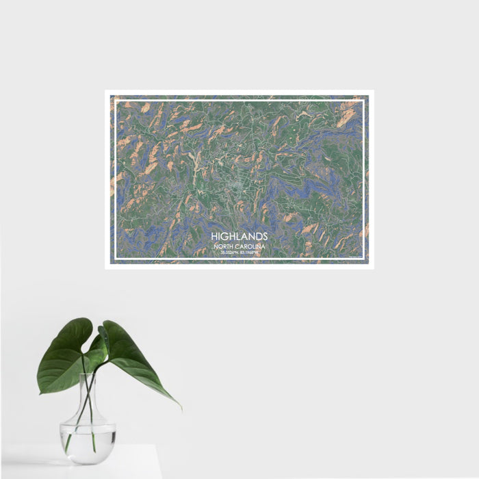 16x24 Highlands North Carolina Map Print Landscape Orientation in Afternoon Style With Tropical Plant Leaves in Water