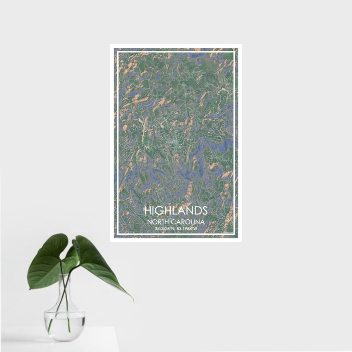 16x24 Highlands North Carolina Map Print Portrait Orientation in Afternoon Style With Tropical Plant Leaves in Water