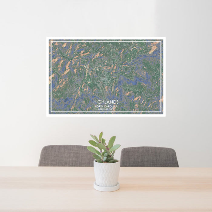 24x36 Highlands North Carolina Map Print Lanscape Orientation in Afternoon Style Behind 2 Chairs Table and Potted Plant