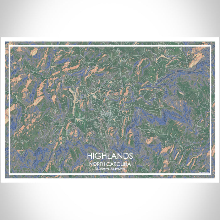 Highlands North Carolina Map Print Landscape Orientation in Afternoon Style With Shaded Background