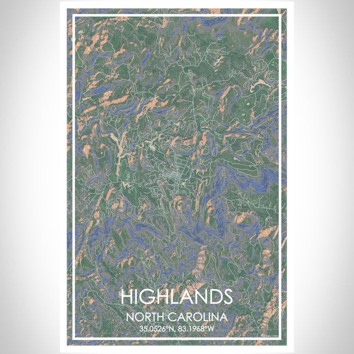 Highlands North Carolina Map Print Portrait Orientation in Afternoon Style With Shaded Background