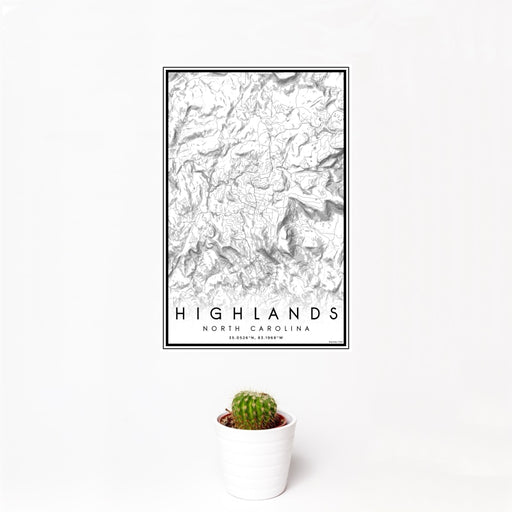 12x18 Highlands North Carolina Map Print Portrait Orientation in Classic Style With Small Cactus Plant in White Planter