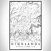 Highlands North Carolina Map Print Portrait Orientation in Classic Style With Shaded Background